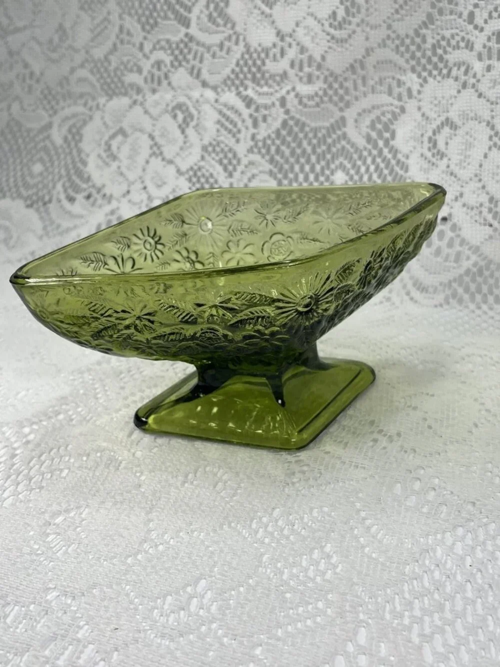 Vintage Green Indiana Glass Daisy Floral Candy Dish, Diamond Shaped Dish